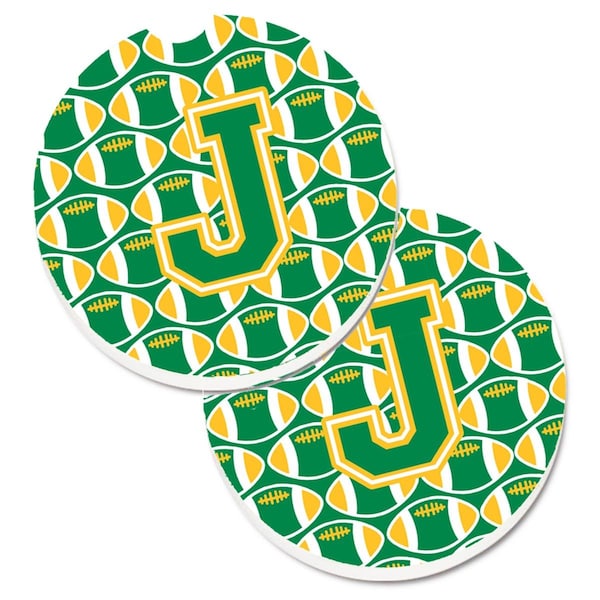 Carolines Treasures Letter J Football Green and Gold Set of 2 Cup Holder Car Coaster CJ1069-JCARC - main